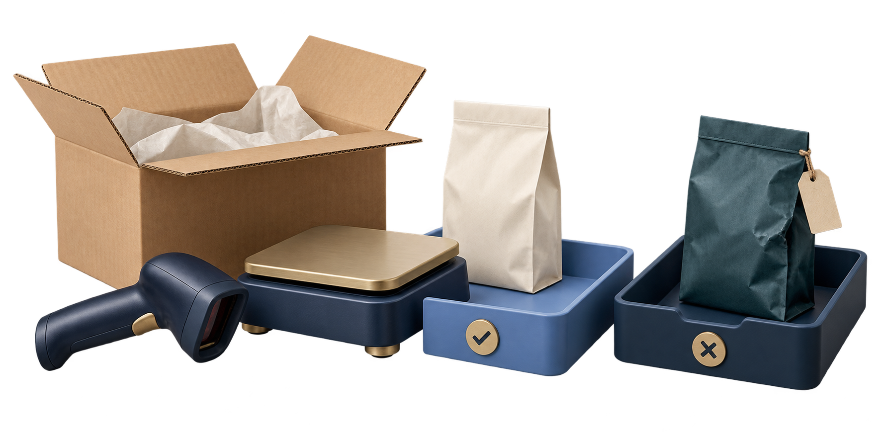 A receiving station weighing, scanning, and separating accepted inventory from a rejected product